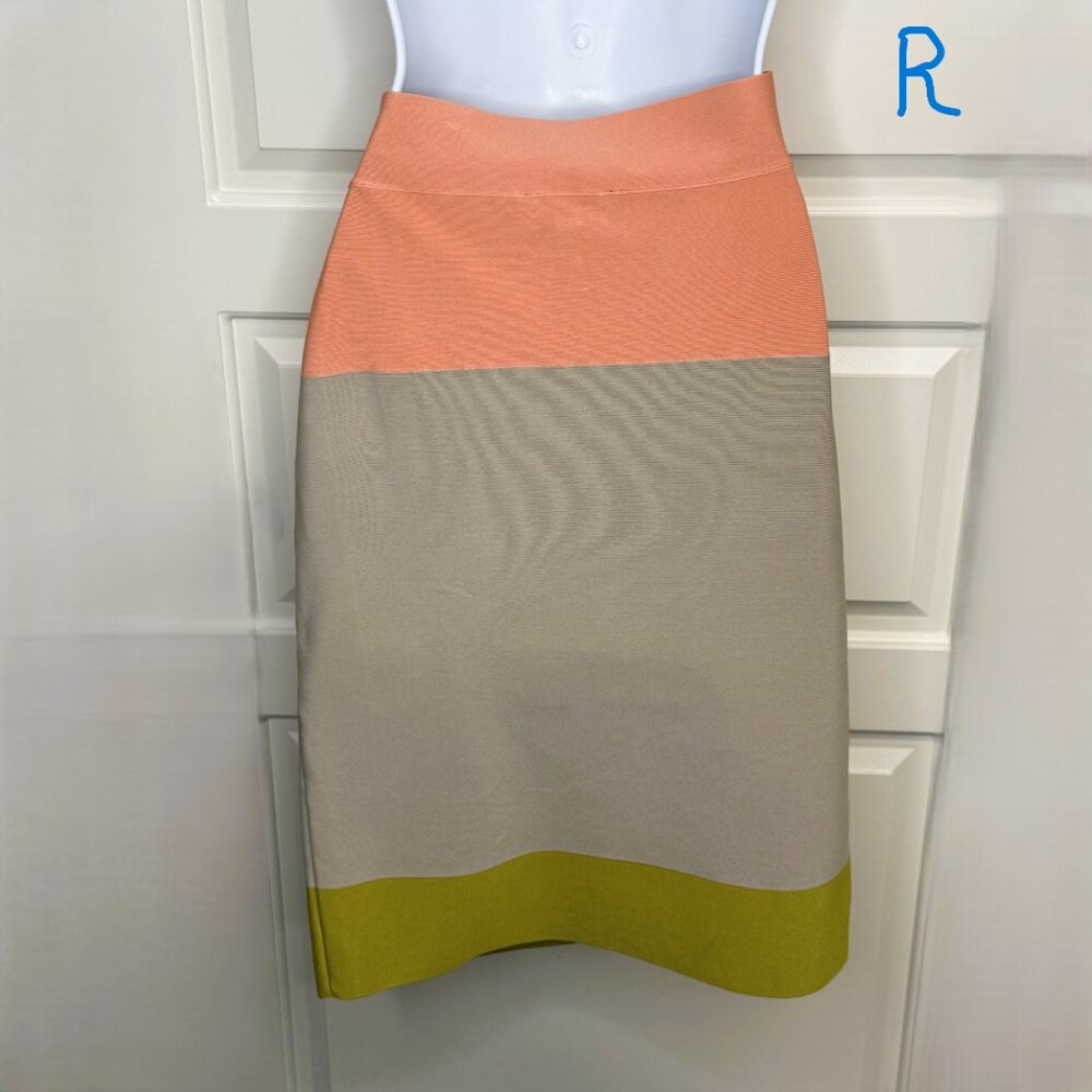 BCBG Max Azria Colorblock Bandage Skirt Bodycon Pencil Stretch Pink Beige Size L - Picture 5 of 6